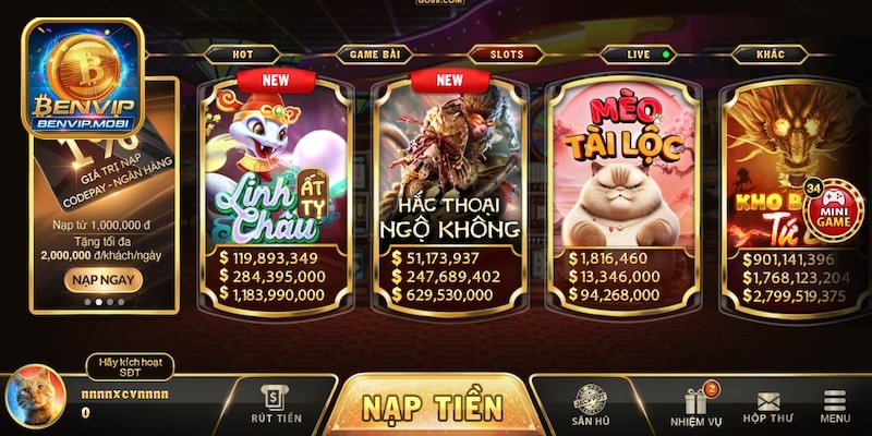 Các trò chơi quay hũ thưởng khủng tại Benvip